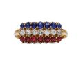 Antique sapphire, diamond and ruby three row ring