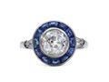 French Art Deco diamond and sapphire target engagement ring in platinum