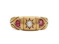Antique 1900 diamond and ruby three stone gypsy ring in 18kt gold