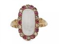 Belle Epoque moonstone, ruby and diamond oval cluster ring