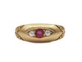 1898 ruby and diamond three stone flush set ring in gold