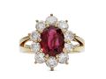Ruby and diamond coronet cluster engagement ring in gold