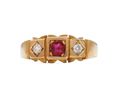 1897 ruby and diamond three stone flush set ring in 18kt gold