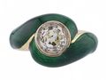 Vintage old mine cut diamond and green enamel ring in 18kt yellow gold | Courtville Antiques