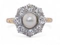 Antique Style Pearl And Old Mine Cut Diamond Coronet Cluster Ring In Platinum And 18kt Yellow Gold