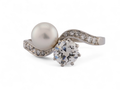 Edwardian Natural Pearl And Diamond 'Toi et Moi' Ring In Platinum