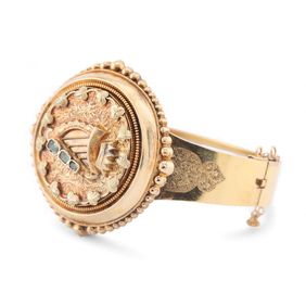 Victorian Emerald Set Irish Harp Bangle in 15kt Yellow GoldVictorian Emerald Set Irish Harp Bangle in 15kt Yellow Gold