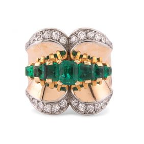 1950s seven stone emerald and diamond fluted cocktail ring in 18kt yellow gold