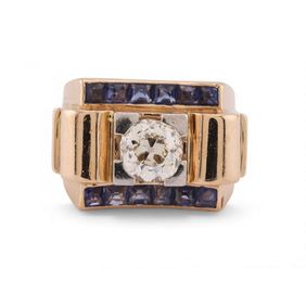 Retro old mine diamond and sapphire tank ring in 18kt yellow gold and platinum