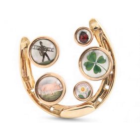 Antique Austrian Essex Crystal Set Multi-Lucky Charm Brooch in 14kt Yellow Gold