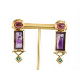 Modernist Tourmaline, Amethyst And Emerald Earrings In 18kt Yellow Gold By Boris LeBeau