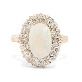 Antique Opal and Diamond Cluster Ring in 18kt Gold