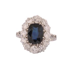 Edwardian Platinum Oval Sapphire & Diamond Cluster Ring