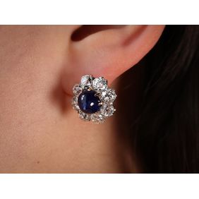 18ct Gold and Silver Cabochon Sapphire and Diamond Cluster Earrings