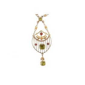 15kt Yellow Gold Peridot, Tourmaline and Seed Pearl Pendant Necklace15kt Yellow Gold Peridot, Tourmaline and Seed Pearl Pendant Necklace