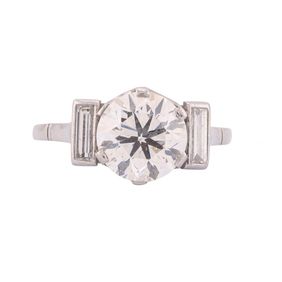 Platinum Old European Cut Diamond Ring with Baguette Diamond Shoulders