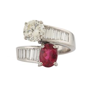 18kt White Gold Diamond and Rubellite Crossover Ring
