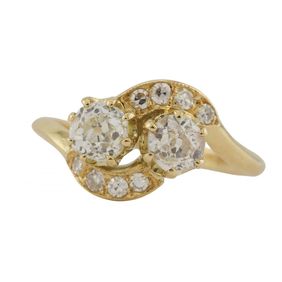 18kt Yellow Gold Old Mine Cut Diamond Two Stone Twist Ring