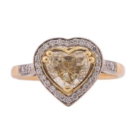 Modernist, heart shape fancy light yellow diamond cluster ring