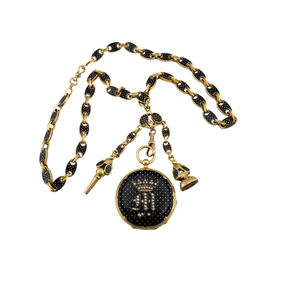 Yellow Gold Rose Cut Diamond and Black Enamel Fob Watch with Enamelled Longchain, Key and Carnelian Seal