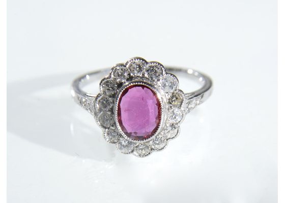 Vintage ruby and diamond floral cluster ring in 18kt white gold