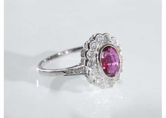 Vintage ruby and diamond floral cluster ring in 18kt white gold