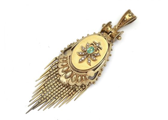 Antique emerald and seed pearl oval tassel locket in gold