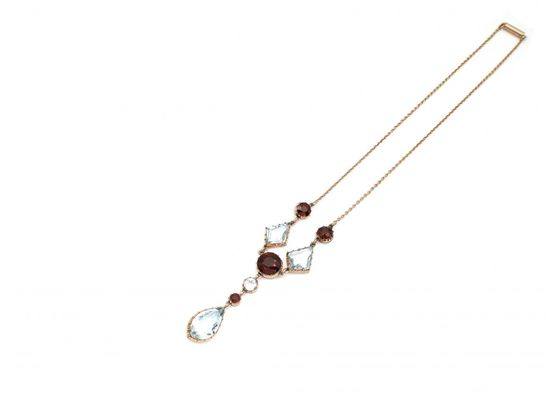 Arts and Crafts Aquamarine & Almandine Garnet Drop Necklace in Gold
