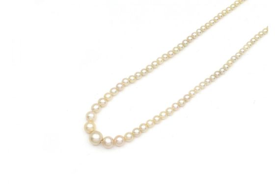 Art Deco natural pearl graduating necklace with diamond and sapphire clasp