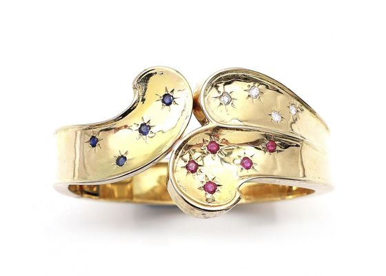 Retro 14kt yellow gold sapphire, ruby and diamond hinged bangle