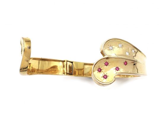 Retro 14kt yellow gold sapphire, ruby and diamond hinged bangle