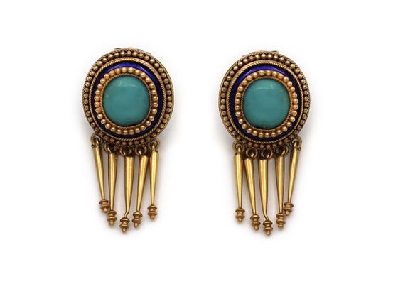Etruscan Revival Victorian Turquoise & Enamel Tassel Earrings