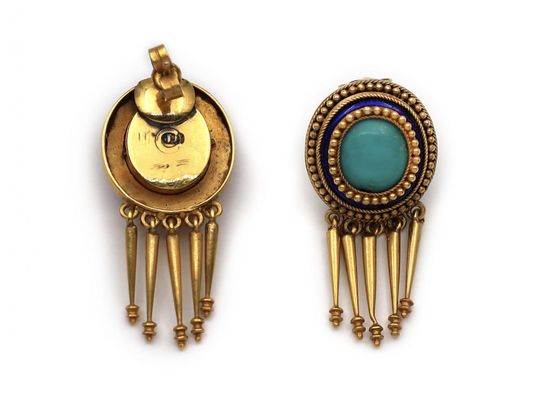 Etruscan Revival Victorian Turquoise & Enamel Tassel Earrings