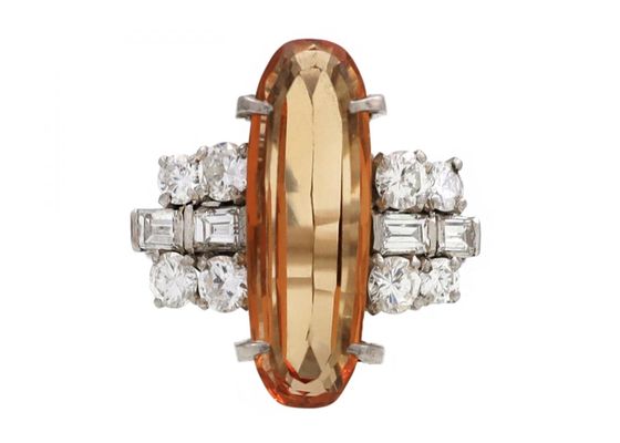 1950s Imperial topaz and diamond cocktail ring in platinum