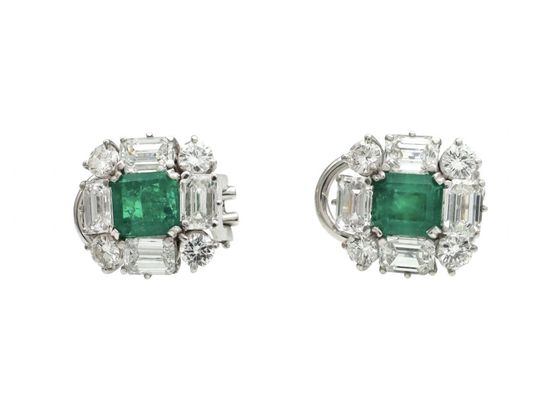 Colombian emerald and diamond square cluster earrings