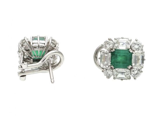 Colombian emerald and diamond square cluster earrings