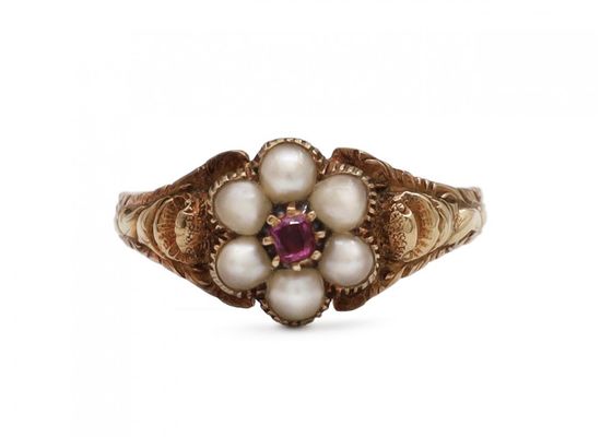 Georgian ruby and pearl floral cluster ring in gold