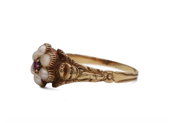 Georgian ruby and pearl floral cluster ring in gold