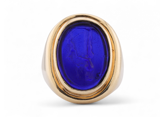 Vintage blue paste cameo signet ring in 18kt yellow gold carved with “Man’s Best Friend” motif