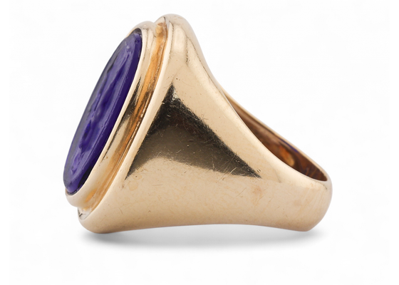 Vintage blue paste cameo signet ring in 18kt yellow gold carved with “Man’s Best Friend” motif