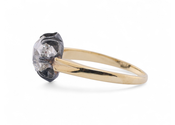 Antique style old mine cushion cut diamond ring in silver and 18kt yellow gold