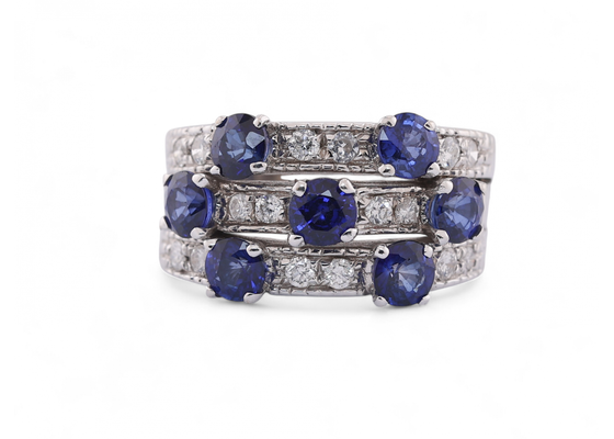 Modern three row sapphire and diamond ring in 18kt white gold