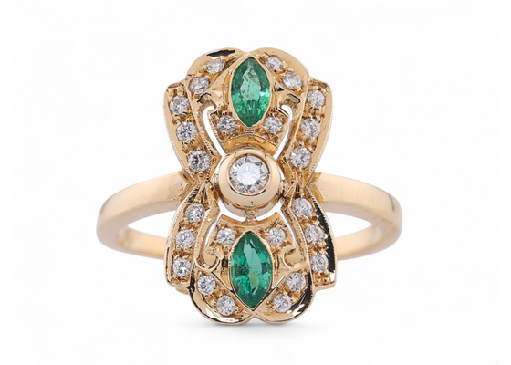 Vintage shield cluster ring set with emerald and diamonds in 18kt yellow gold