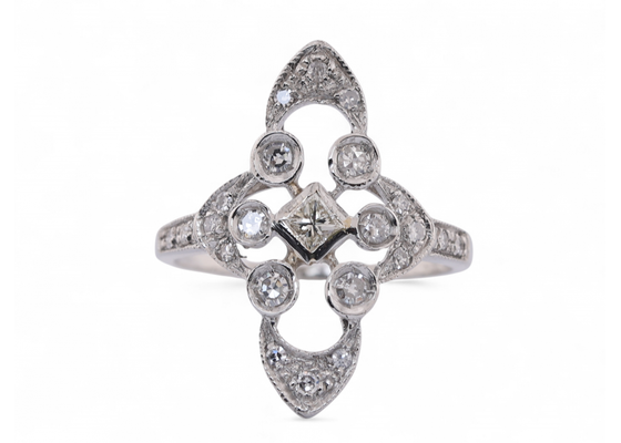 Vintage geometric diamond panel ring in platinum with princess cut centre