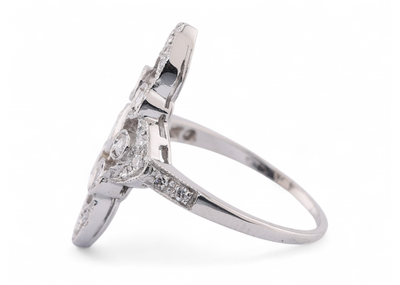 Vintage geometric diamond panel ring in platinum with princess cut centre