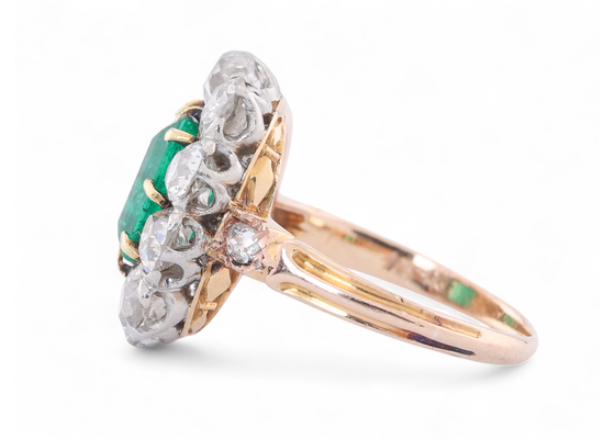 antique emerald and diamond cluster ring in 18kt yellow gold
