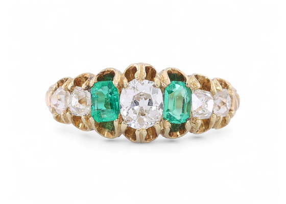 Belle Epoque Emerald And Diamond Seven Stone Ring In 18kt Yellow Gold