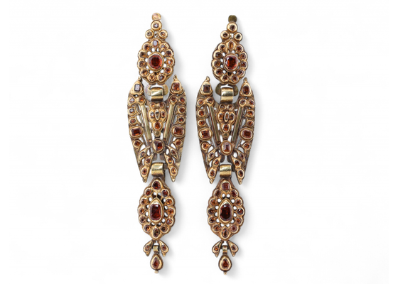 Antique Iberian Hessonite Garnet Set Catalan Earrings In Yellow Gold