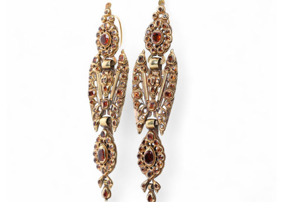 Antique Iberian Hessonite Garnet Set Catalan Earrings In Yellow Gold