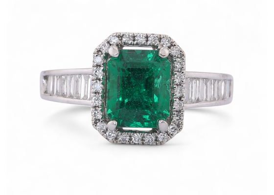 Emerald and diamond cluster ring